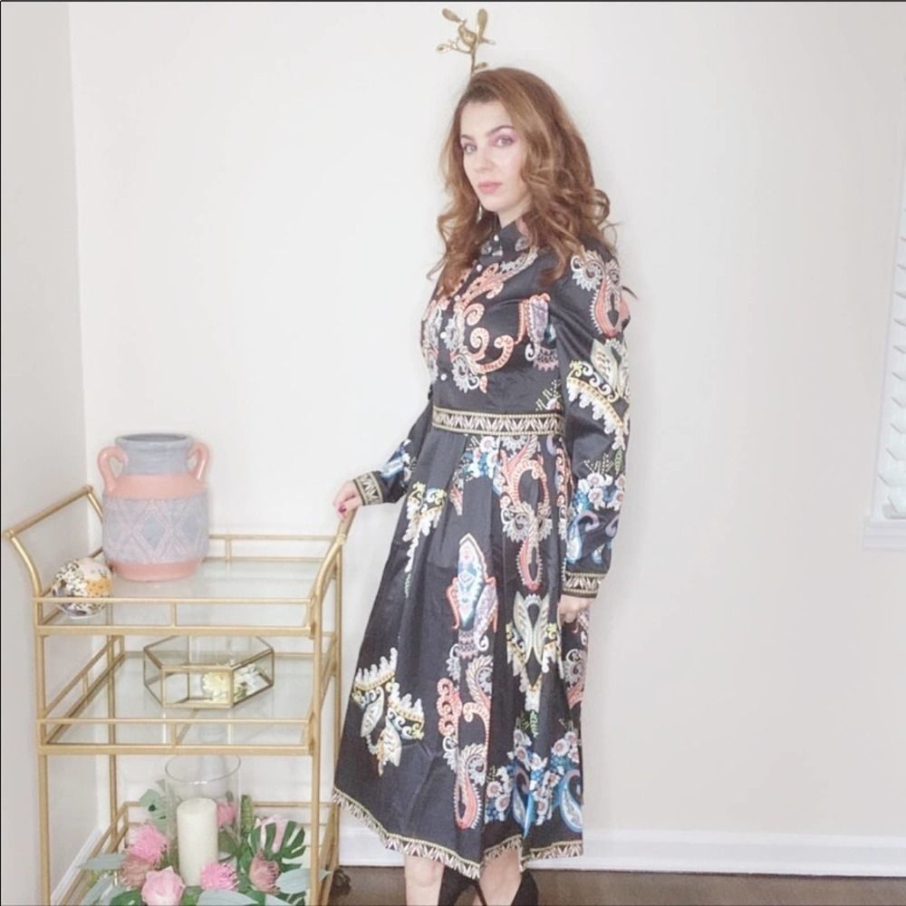 Ladies black a-line Floral Print shirt dress